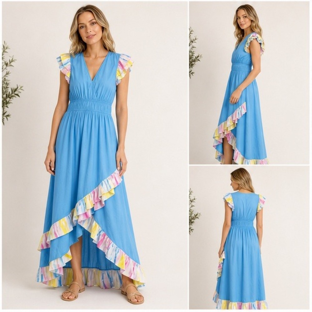 Alden Adair Willow Maxi Ruffle V-Neck Dress Cotton XS Blue Ruffle High-Low